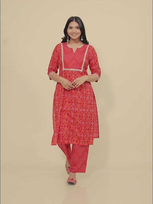 Soft Cotton Bandhani Straight Red Kurta