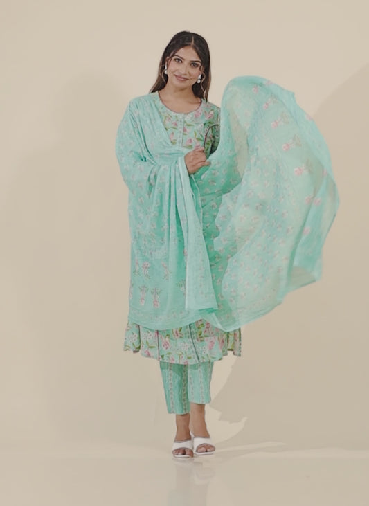 Soft Cotton Floral A-line Green Kurta