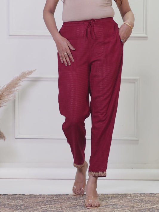 Embroidered Cotton Dobby Solid Maroon Tapered Trousers