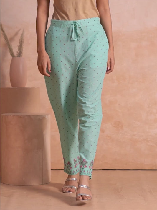 Soft Cotton Floral Turquoise Tapered Trousers