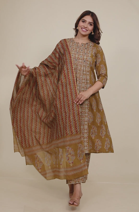 Soft Cotton Ajrakh Panelled Mustard Kurta
