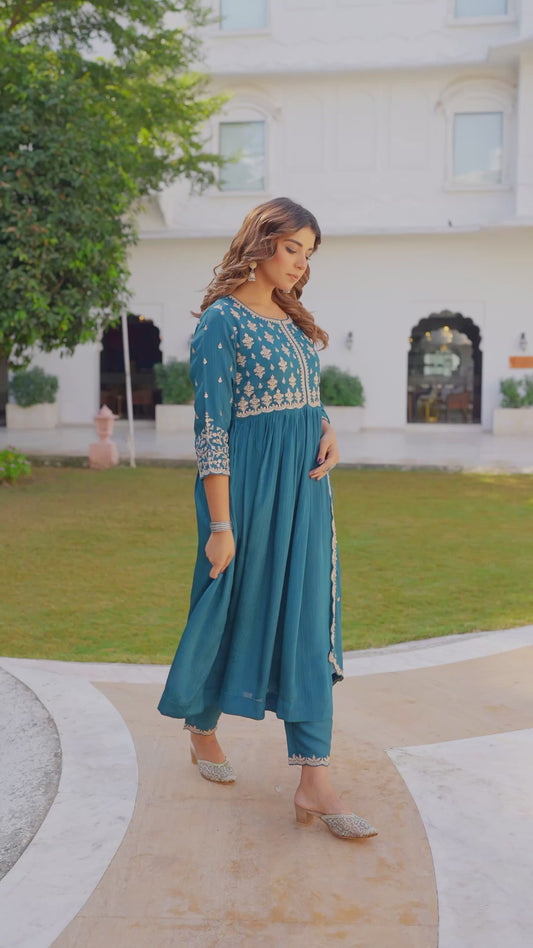 Embroidered Chinon Solid Anarkali Teal Kurta
