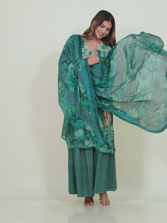 Embroidered Soft Cotton Floral Straight Teal Kurta