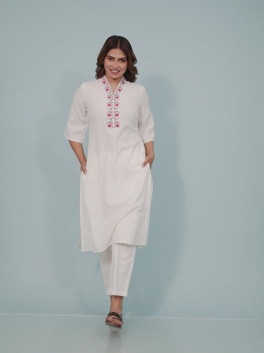 Embroidered Linen Cotton Solid Straight Off White Kurta