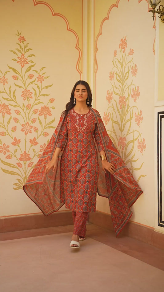 Embroidered Soft Cotton Geometric Straight Rust Kurta