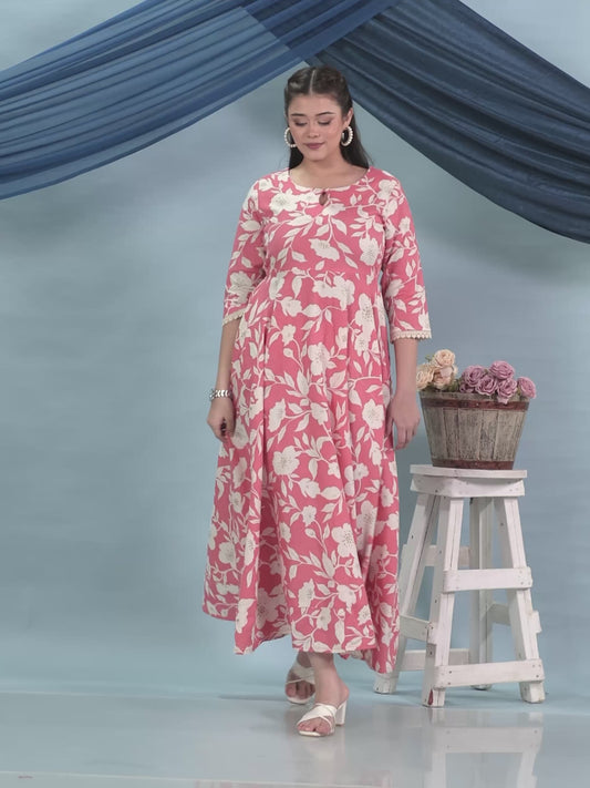 Linen Cotton Floral Anarkali Peach Dress (With Bag)