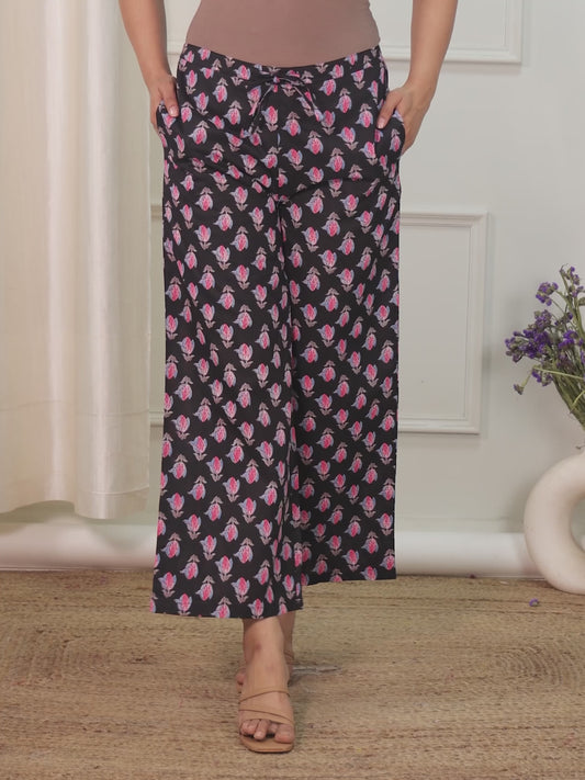 Soft Cotton Floral Black Flared Trousers