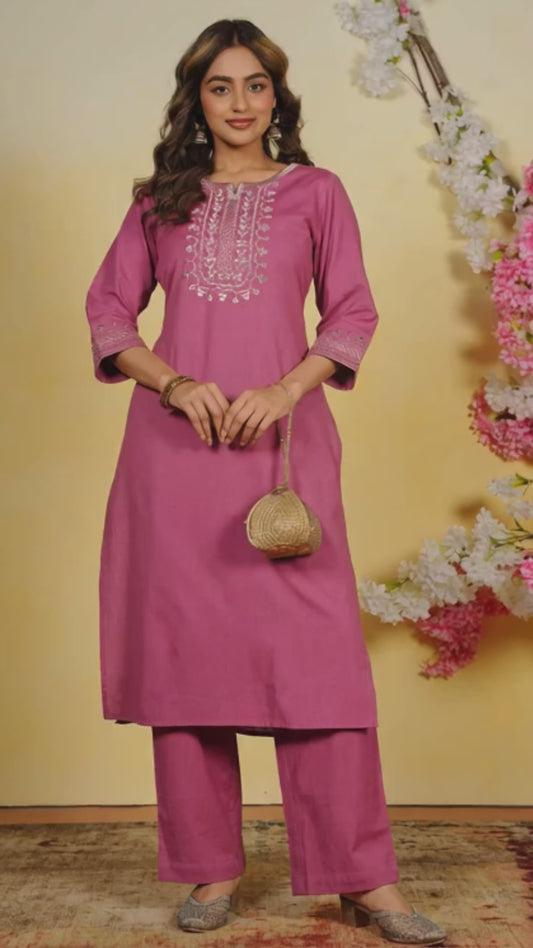 Embroidered Linen Cotton Solid Straight Pink Kurta