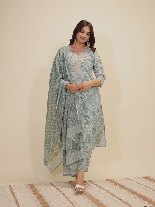 Soft Cotton Floral Straight Green Kurta