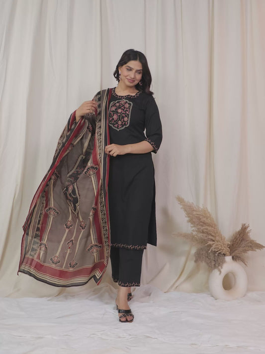 Embroidered Linen Cotton Solid Straight Black Kurta