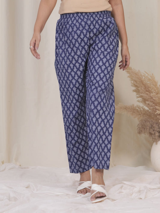 Soft Cotton Floral Navy Blue Tapered Trousers