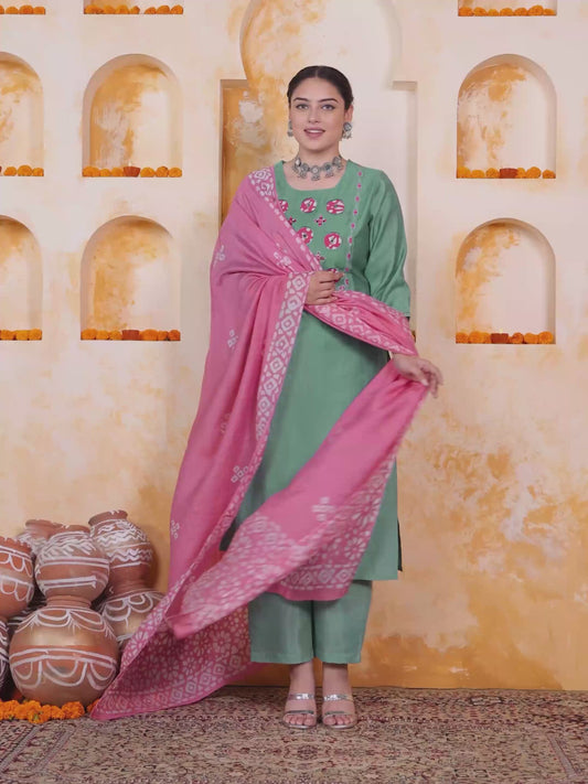 Embroidered Blended Silk Solid Straight Mint Green Kurta
