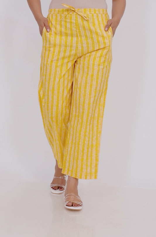 Soft Cotton Striped Yellow Straight Trousers