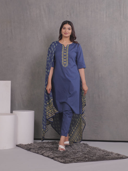 Embroidered Soft Cotton Solid A-line Blue Kurta