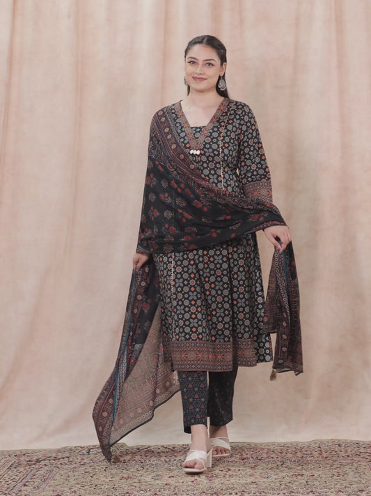 Soft Cotton Geometric Flared Black Kurta