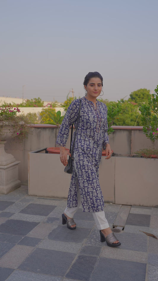 Embroidered Soft Cotton Butta Straight Blue Kurta