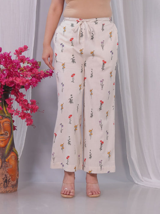 Linen Cotton Floral Off White  Trousers