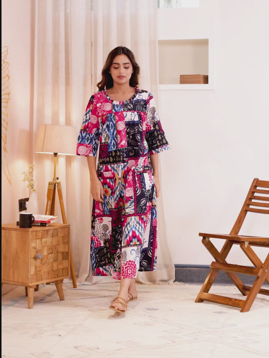 Embroidered Soft Cotton Colorblock Straight Pink Nighty