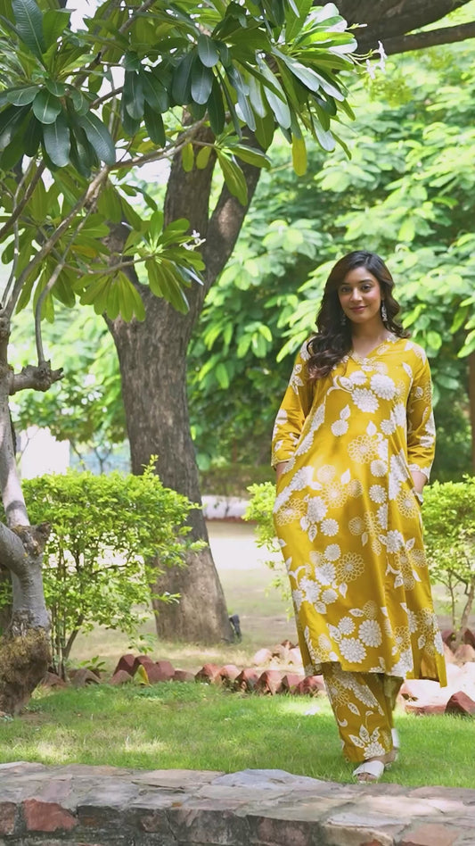 Soft Cotton Floral Flared Mustard Kurta
