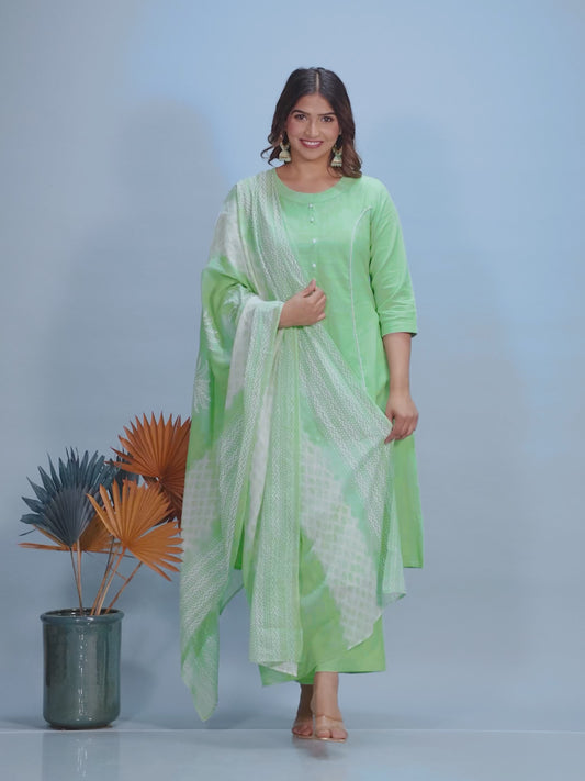 Linen Cotton Solid A-line Green Kurta