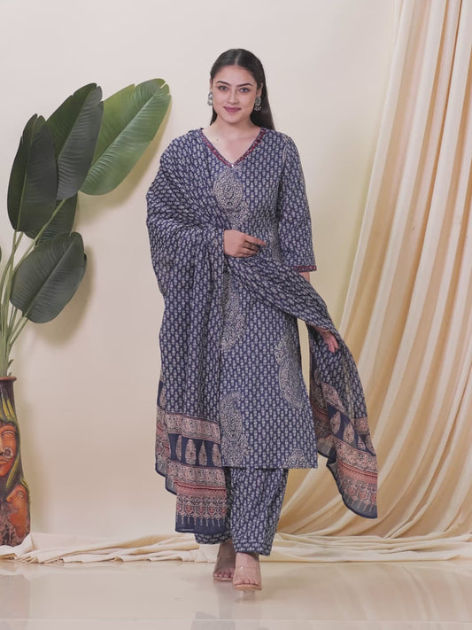 Embroidered Kantha Cotton Paisley Straight Blue Kurta