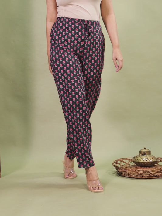 Soft Cotton Floral Black Tapered Trousers