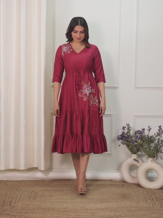 Embroidered Blend Cotton Solid Anarkali Maroon Dress