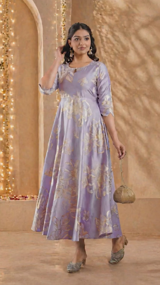 Chanderi Floral Anarkali Lavender Dress