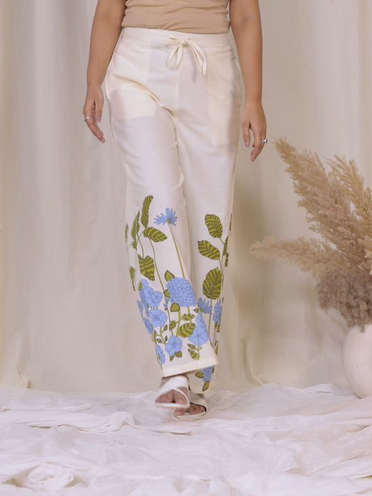 Linen Cotton Placement Print Off White Palazzo