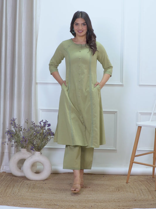 Embroidered Linen Cotton Solid A-line Green Kurta