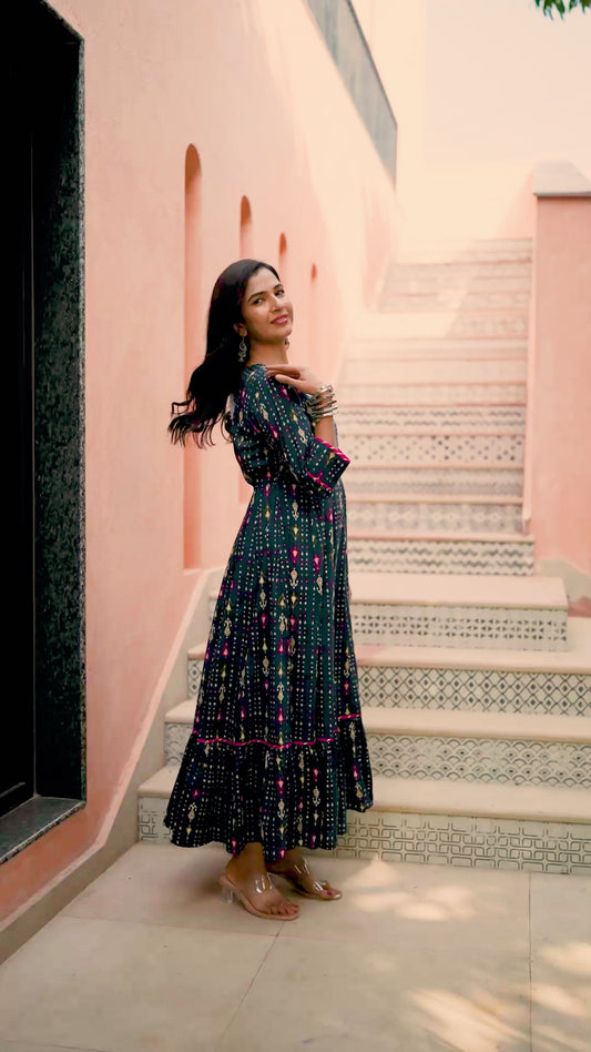 Soft Cotton Ikat Anarkali Blue Dress