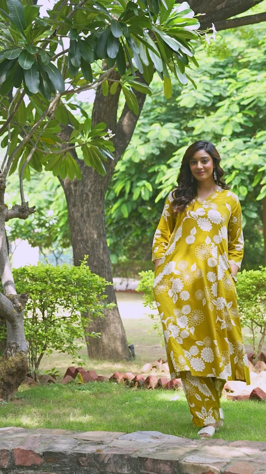 Soft Cotton Floral Flared Mustard Kurta