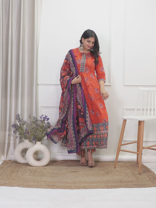 Soft Cotton Floral Flared Orange Kurta