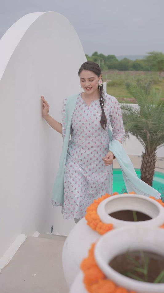 Chanderi Floral Straight Blue Kurta