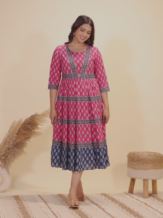Soft Cotton Block Print Anarkali Pink Dress