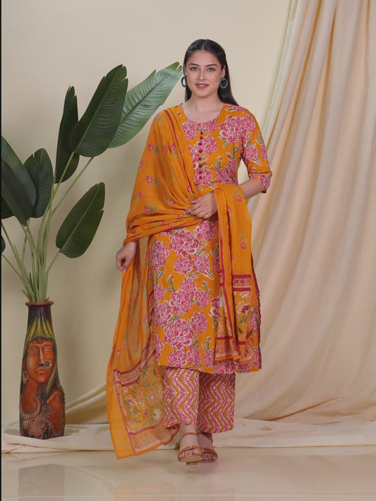 Soft Cotton Floral A-line Yellow Kurta