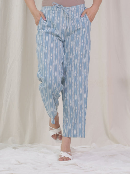 Kantha Cotton Striped Blue Straight Trousers