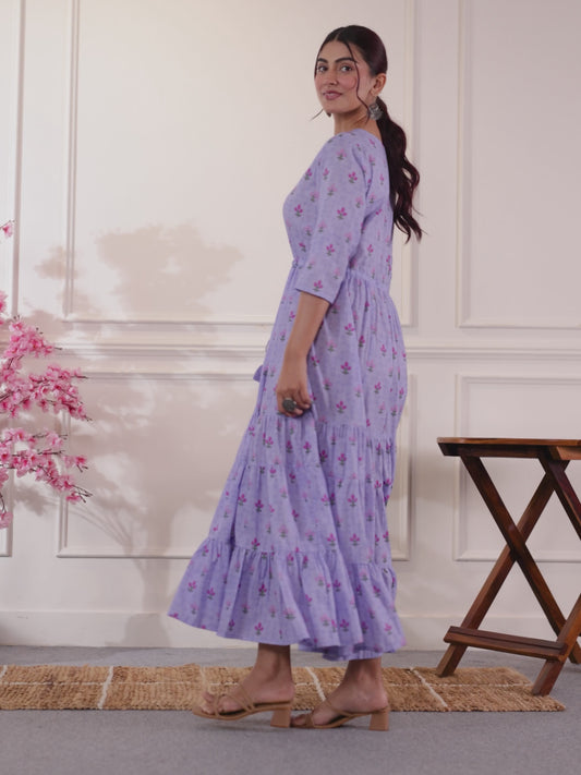 Soft Cotton Floral Anarkali Violet Dress