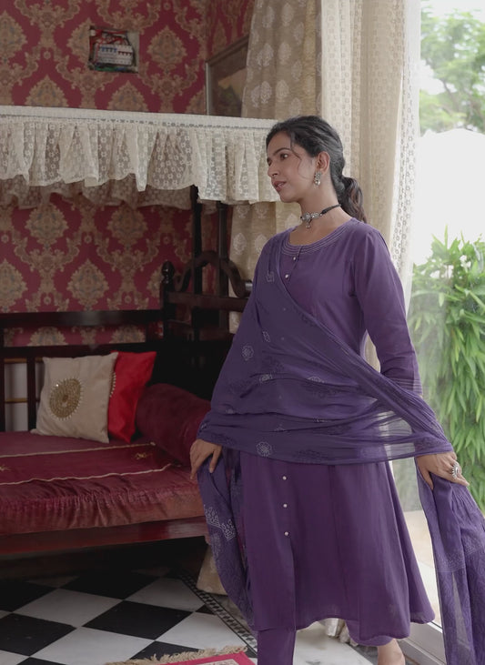 Embroidered Linen Cotton Solid A-line Purple Kurta