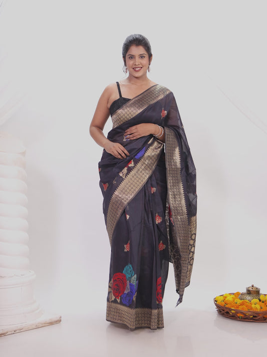 Jacquard Silk Dark Grey Saree