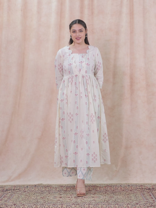 Soft Cotton Geometric Flared Off White Kurta