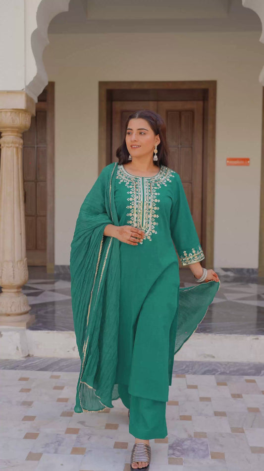 Embroidered Cotton Slub Solid Straight Blue Kurta