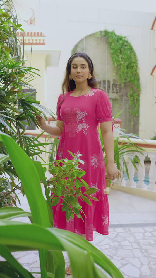 Soft Cotton Bandhani Flared Pink Dress