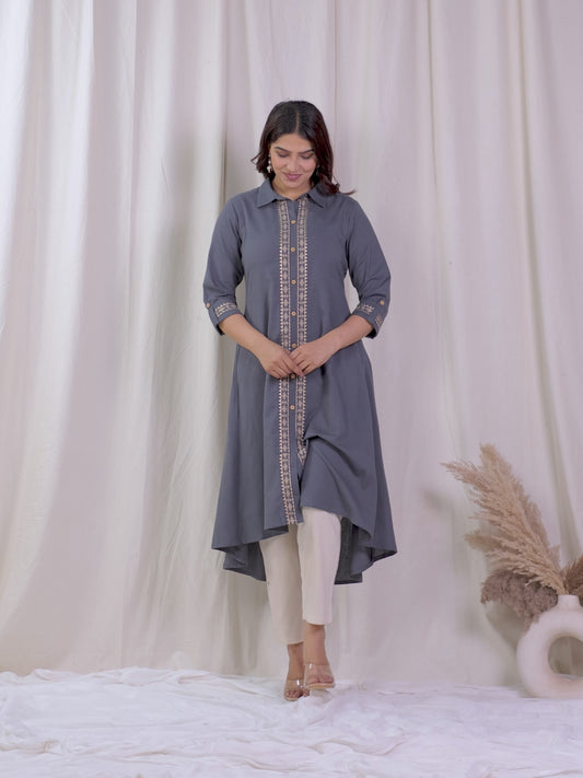 Embroidered Linen Cotton Solid Flared Grey Kurta