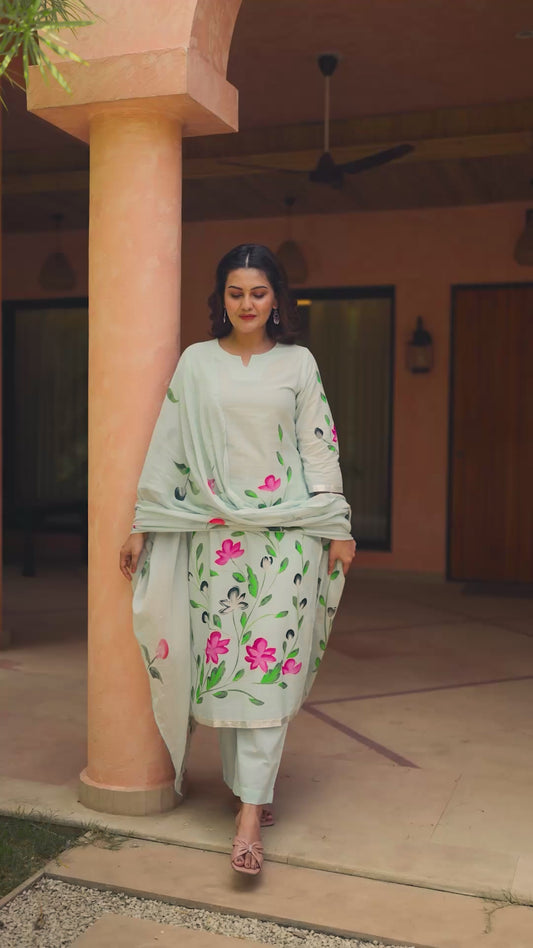 Soft cotton Placement Print Straight Blue Kurta
