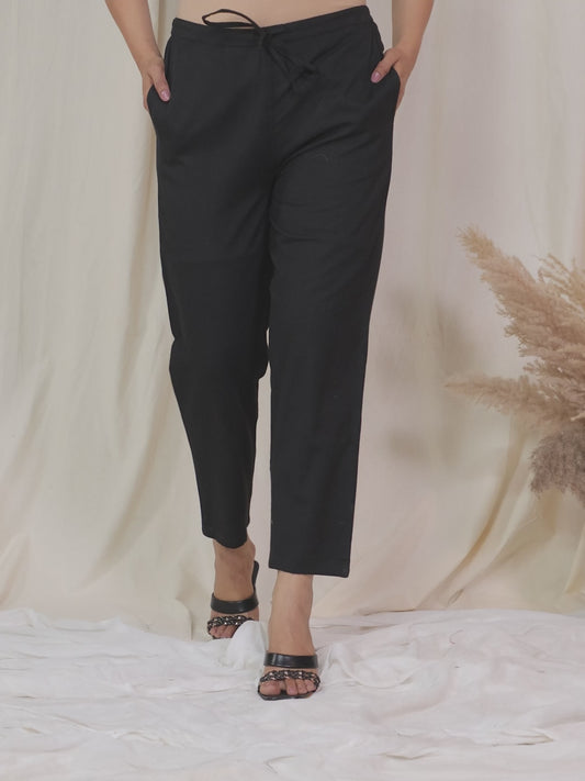 Linen Cotton Solid Black Tapered Trousers