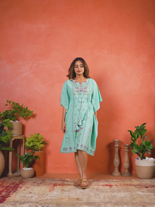 Soft Cotton Placement Print Kaftan Mint Green Nighty