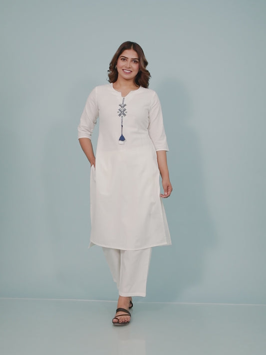 Embroidered Linen Cotton Solid Straight Off White Kurta
