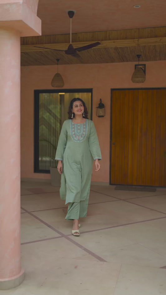 Embroidered Blended Silk Solid Straight Olive Kurta