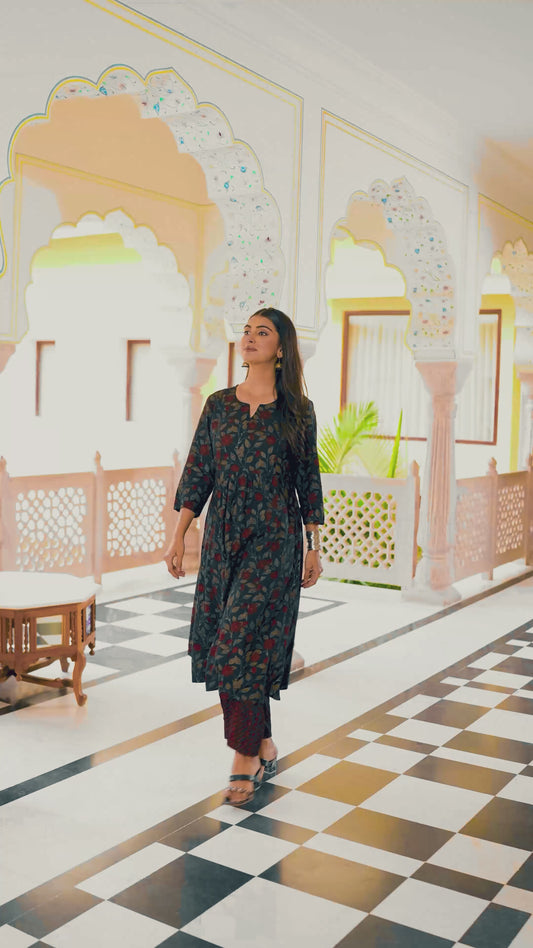 Viscose Floral Flared Black Kurta